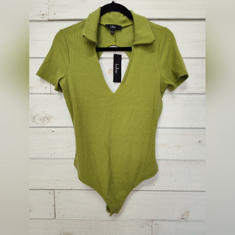 Lulu's Olive Green Collared V-Neck Ribbed Bodysuit